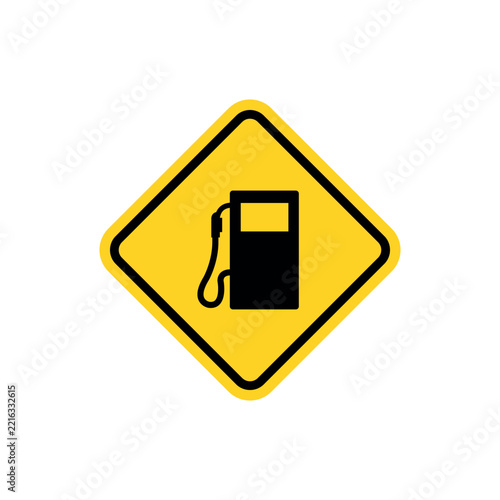 Yellow diamond road sign with gas pump icon isolated on white background.