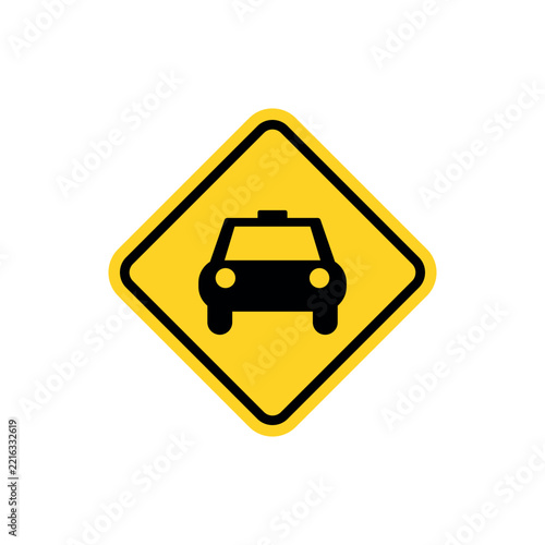 Yellow diamond road sign with a black taxi icon isolated on white background.