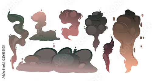 Abstract smoke clouds set isolated white background. Colorful steam puffs flowing shapes flat style graphic design elements. Fantasy mist effect collection. Vector