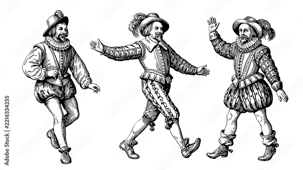 Fototapeta premium Renaissance actors in period costumes isolated on transparent background PNG cutout