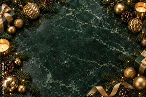 Luxury Green Marble Christmas Background with Gold Ornaments