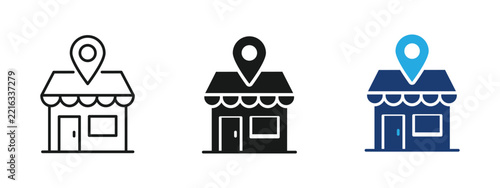 Local business SEO icon, store shop building map pin location symbol. vector illustration