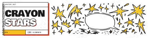 Crayon star sparkle bubble icon set. Hand drawn crayon star yellow brush pencil sketch shooting heart speech. Red yellow color poster design graphic decoration texture background. Vector illustration