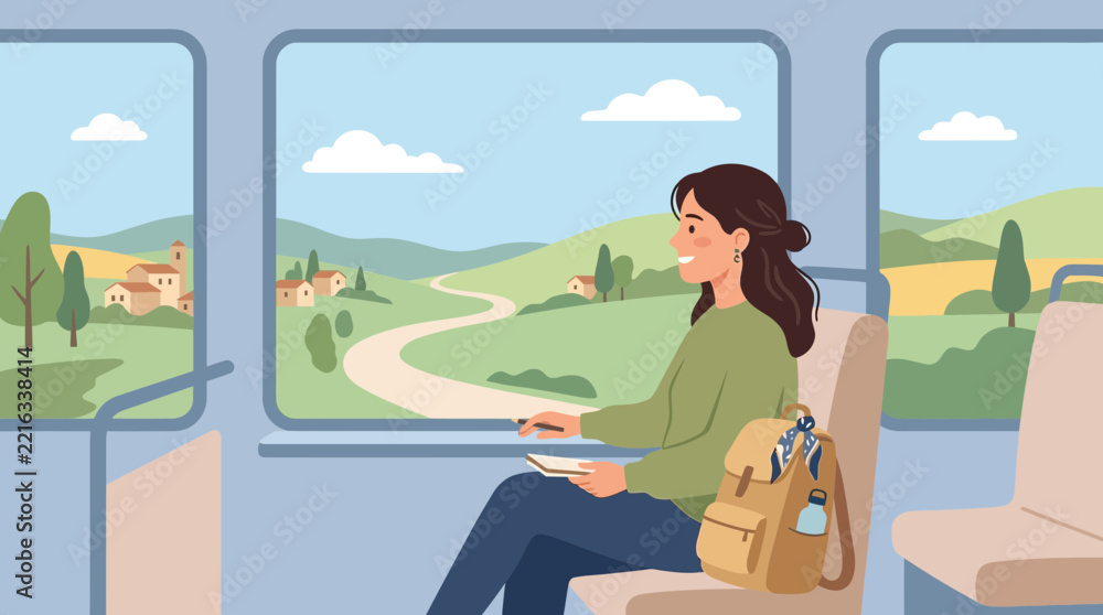 Fototapeta premium Young Woman Traveling by Train, Looking Out Window at Scenic Landscape