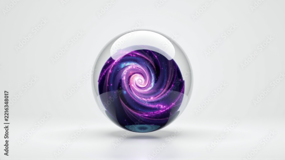 Fototapeta premium Glass sphere contains swirling purple galaxy. Bright cosmic nebula visible within reflective orb. Minimalist studio lighting creates dramatic effect.