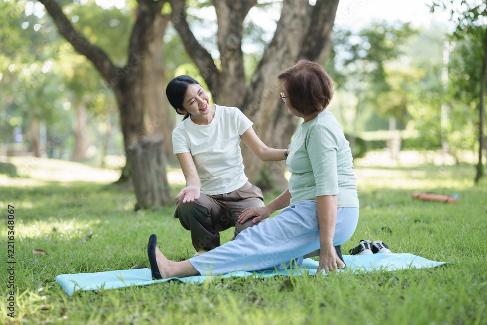 Fototapeta premium Senior Asian woman practicing assisted stretching on a yoga mat with a younger woman in a park, representing rehabilitation, flexibility, healthy aging, and wellness.