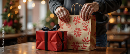 Hands putting red gift bag into larger shopping bag for retail blogs, holiday shopping guides, and consumer lifestyle websites