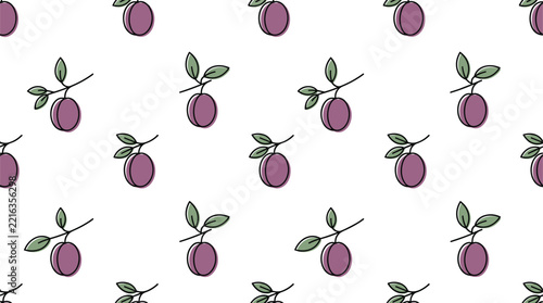 Purple plum fruit seamless pattern with fresh green leaves on stem.