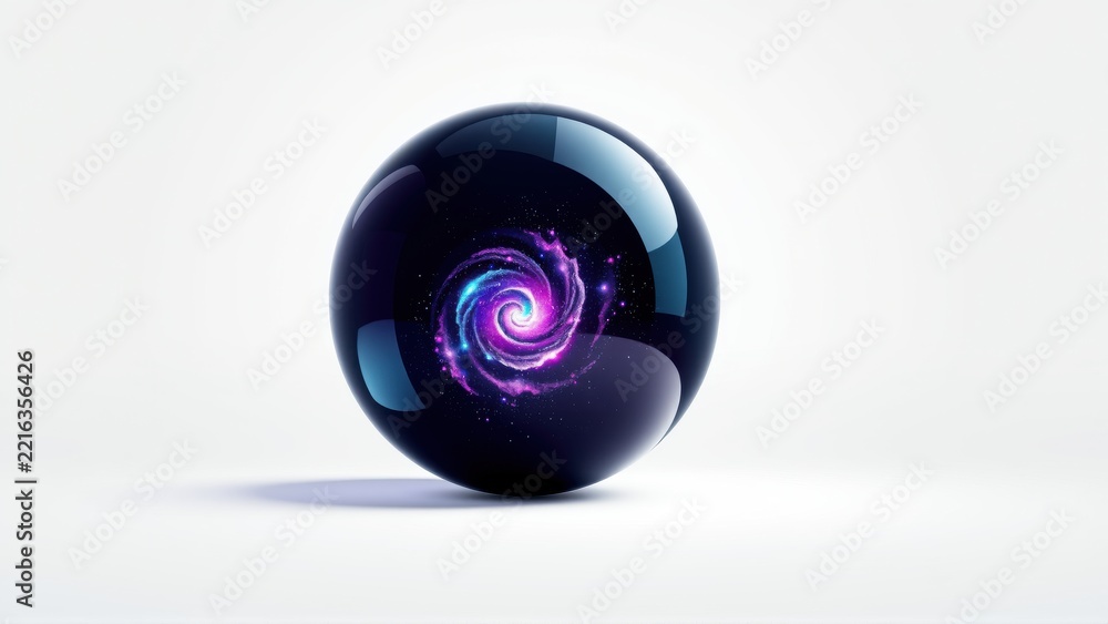 Fototapeta premium Glossy sphere contains vibrant spiral galaxy. Dark purple hues contrast bright white background. Minimalist composition, elegant design.