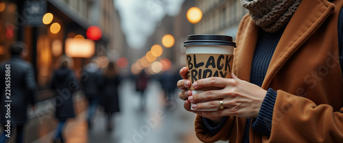 Woman hands holding coffee cup with Black Friday sleeve for lifestyle blogs, cafe marketing, and holiday shopping websites