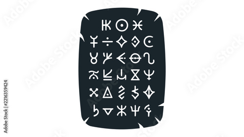 Ancient magic rune stone tablet silhouette icon with astrological signs and alchemical symbols for occult mystic and esoteric graphic design.