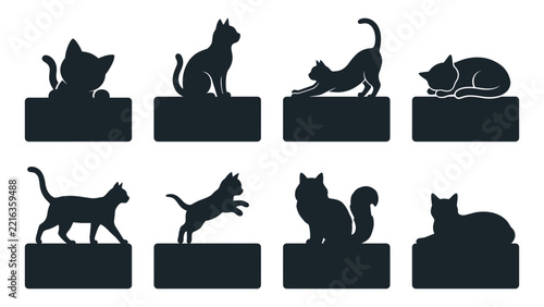 Black cat silhouettes interacting with blank rectangular banners and text boxes in various playful poses for graphic design.