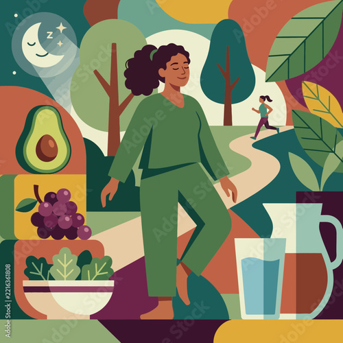 Woman practicing mindfulness surrounded by healthy lifestyle icons illustration