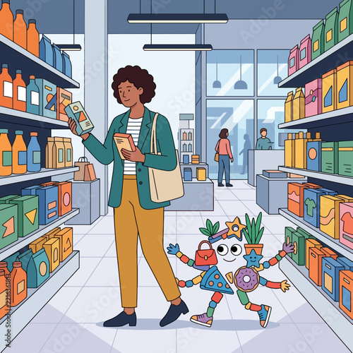 Woman shopping for groceries with whimsical retail character illustration