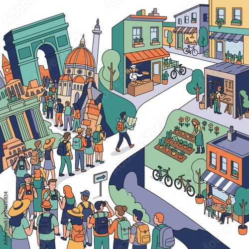 Busy urban illustration of tourists visiting famous landmarks and shops