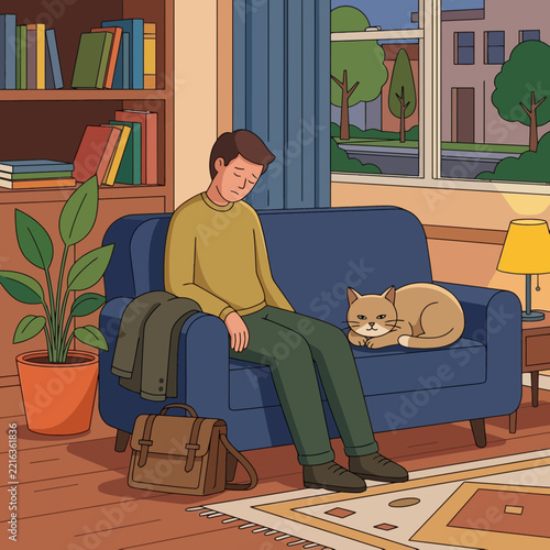 Exhausted man sitting on sofa with cat in living room