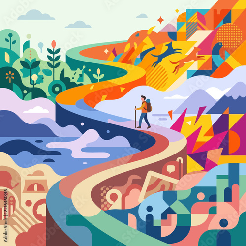 Colorful abstract illustration of hiker on winding mountain path