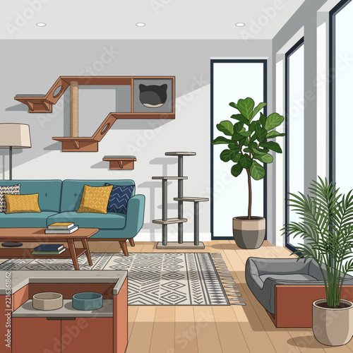 Modern pet friendly living room interior with cat wall furniture