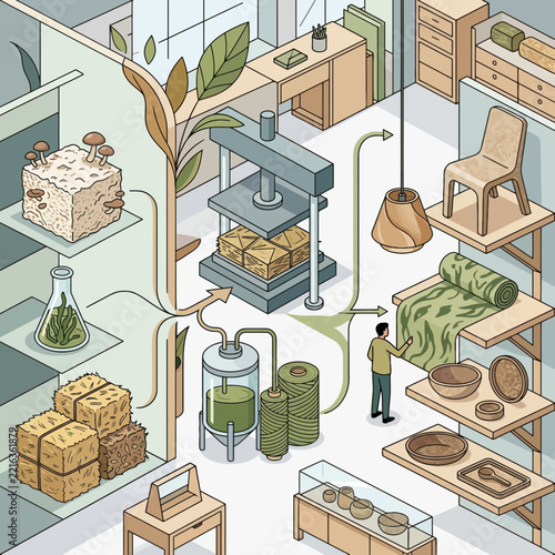 Isometric illustration of sustainable manufacturing using biomaterials