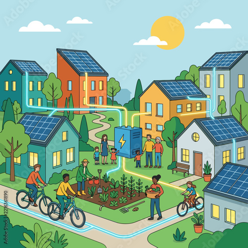 Sustainable eco-friendly neighborhood with solar panels and community garden
