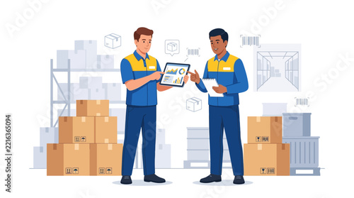 Warehouse workers reviewing inventory on tablet and clipboard, surrounded by boxes and shelves