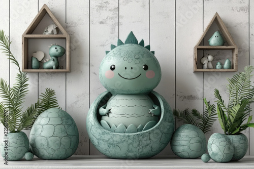 Adorable Dino in Pastel Egg with No Outlines