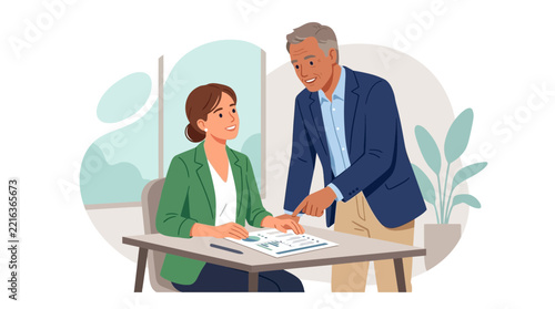Business meeting: diverse colleagues collaborate and review documents in a modern office setting.