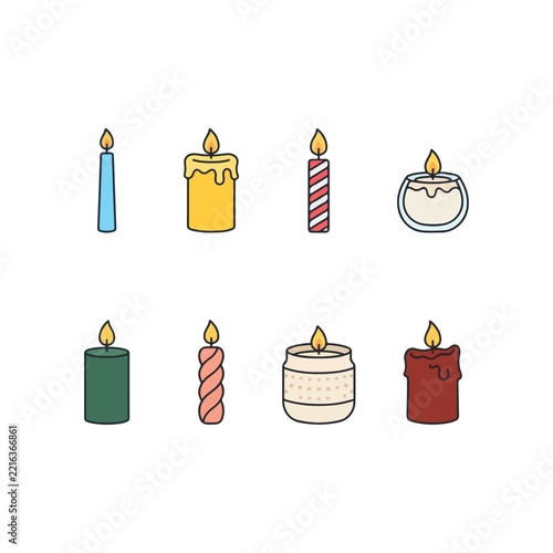 Colorful Candle Collection, Hand Drawn Candle Icons Isolated on White
