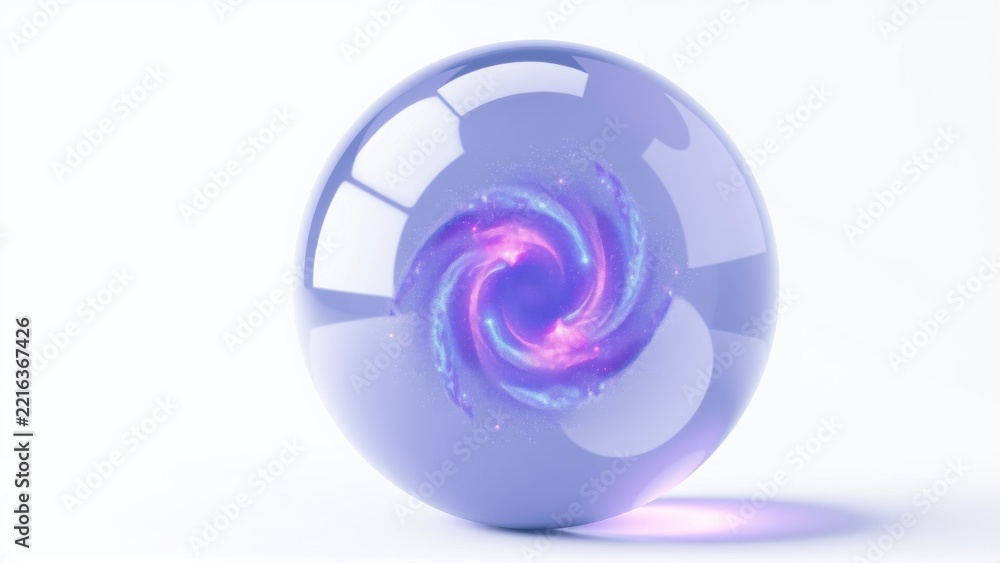 Fototapeta premium Glossy sphere contains swirling galaxy. Pink, purple hues visible within reflective surface. Minimalist studio lighting creates soft shadow.