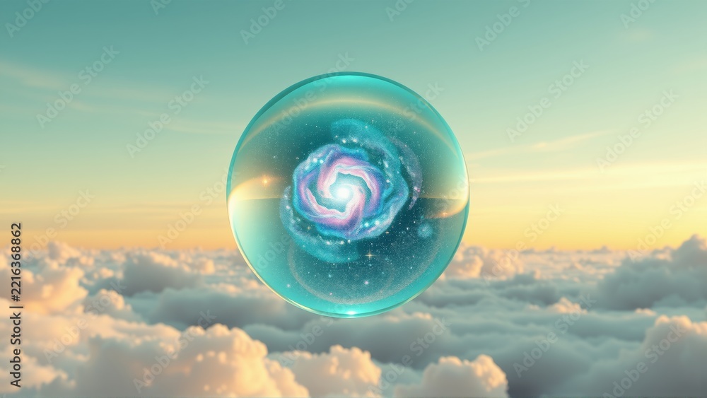 Fototapeta premium Glowing sphere contains swirling galaxy, suspended above clouds. Soft sunset hues create dreamy atmosphere. Beautiful cosmic scene.