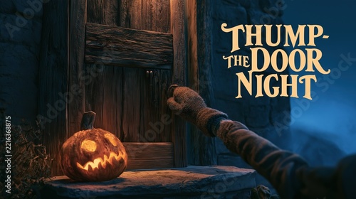 Banner photograph of an old weathered wooden cottage door at dusk with a carved turnip lantern glowing on the stone step and a child's mittened hand raised to knock, text 