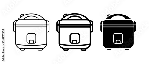Rice cooker icons set with line art and silhouette, kitchen appliance for cooking