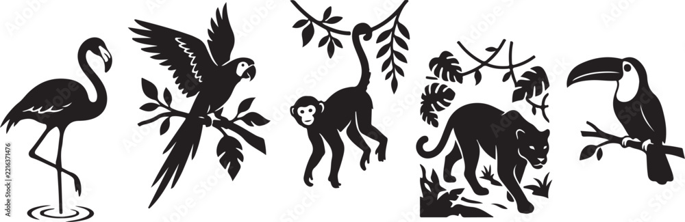 Fototapeta premium Set of tropical jungle animals silhouettes