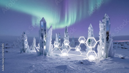 Abstract Crystal Spires and Glowing Geometric Hexagonal Light Installation in a Snowy Arctic Landscape under Vibrant Aurora Borealis Night Sky