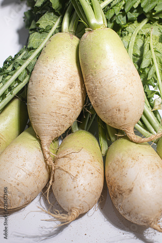 Daikon radish with green stem.