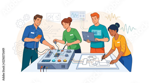 Diverse team collaborates on electrical engineering project with circuit board, laptop, and oscilloscope