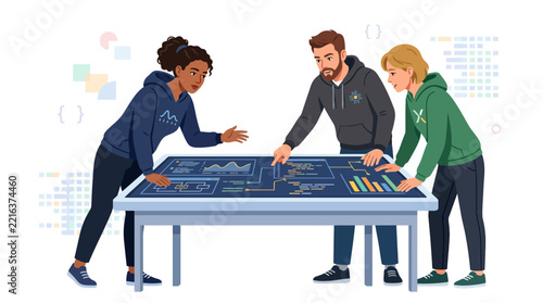 Diverse team collaborating around a futuristic interactive digital display table with charts and data visualizations.