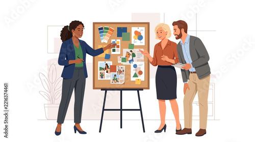 Diverse team collaborating around a mood board, discussing ideas for a project in a modern office setting.
