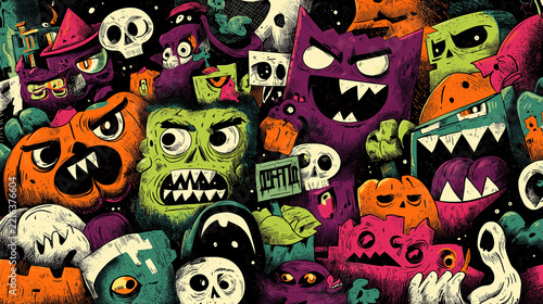 Cute Halloween Ghost and Jack O Lantern Characters Seamless Colorful Pattern