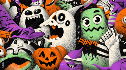 Cute Halloween Ghost and Jack O Lantern Characters Seamless Colorful Pattern