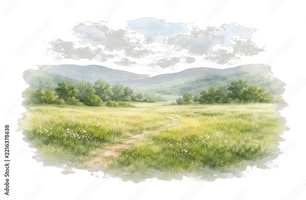Fototapeta premium PNG Serene watercolor landscape illustration.
