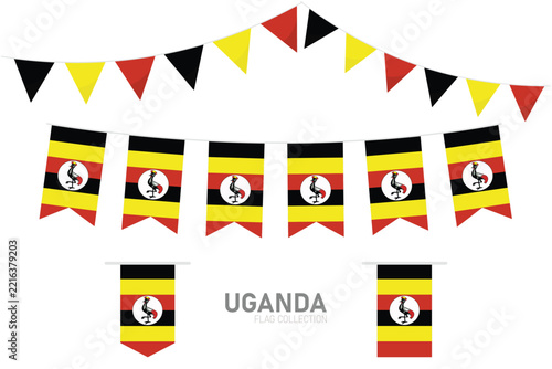 Uganda national flag vector set, triangular and rectangular bunting flags on white background