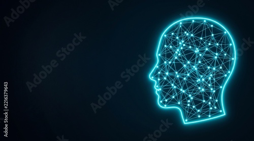 Conceptual Visualization of Artificial Intelligence Represented by a Digital Glowing Human Head Network Silhouette