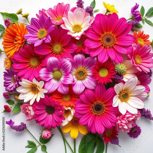 Vibrant abstract flower arrangement on white background, sweet, beautiful