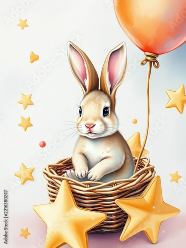 Watercolor bunny in wicker balloon stars, surrounded by subtle textures and soft colors, wicker, stars