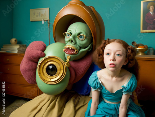 Surreal Family Portrait with Unseen Faces and Tentacles