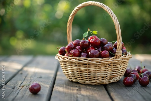 Fresh Red Cherries in Basket on Outdoor Rustic Wooden Table