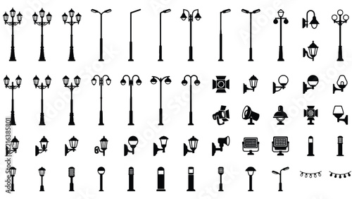 Collection of diverse street lamp silhouettes showcasing various designs for urban infrastructure and public lighting systems