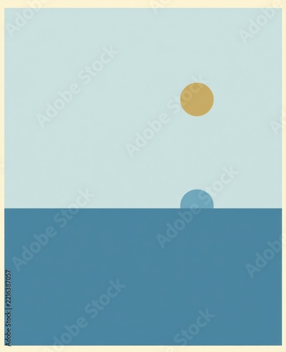 Minimalist Abstract Landscape with Sun and Horizon in Soft Blue Tones for Educational Use
