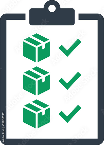 Clipboard icon showing a logistics checklist with multiple green cardboard boxes and check marks for successful delivery